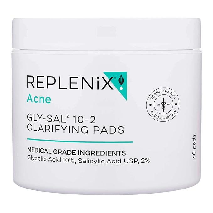 Replenix Gly-Sal Clarifying Acne Pads, 60 Count, Medical-Grade 10% Glycolic Acid & 2% Salicylic Acid Exfoliating Pads for Acne-Prone Skin, Help Clear Blemishes & Refine Pores, Non-Oily
