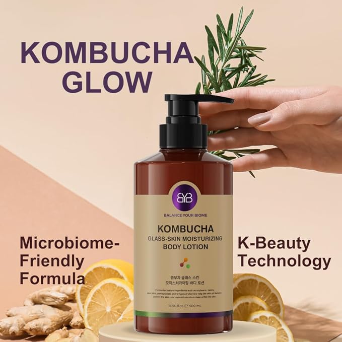 Kombucha Glass-Skin Moisturizing Body Lotion, Fermented soybeans, barley, pear juice, pomegranate,12 types of Vitamin. pH balance, K-Beauty,16.9 fl.oz.500ml,No Silicone.Mesh-like texture wraps skin.