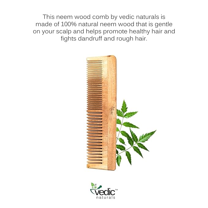 Vedic Naturals 100% Pure & Natural Neem Wood Comb | Promotes Hair Growth, Reduces Hair Fall & Control Dandruff | Wide & Thin Teeth