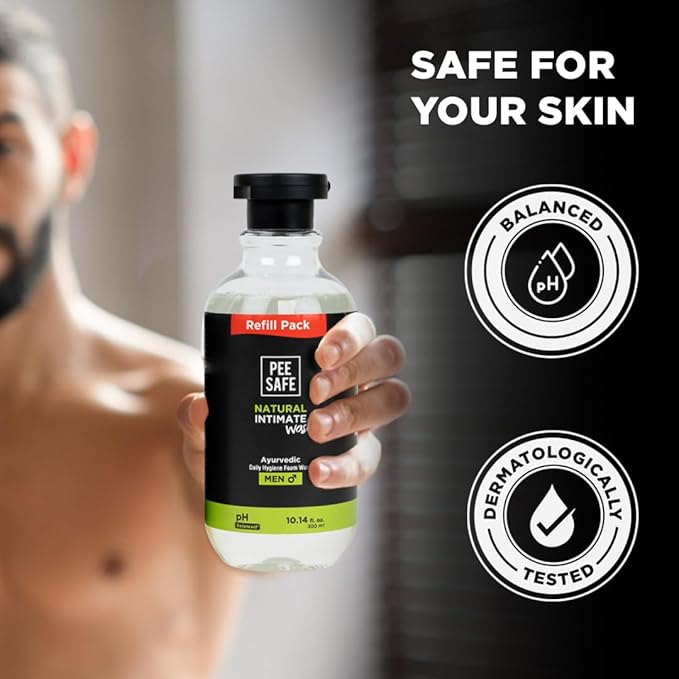 Men's Intimate Wash by PEESAFE | Natural Intimate Wash for Men with Refill (13.52 Fl.Oz) | with Tea Tree Essential Oil | Ayurvedic | pH Balanced Foam based | Ball Washer for Men