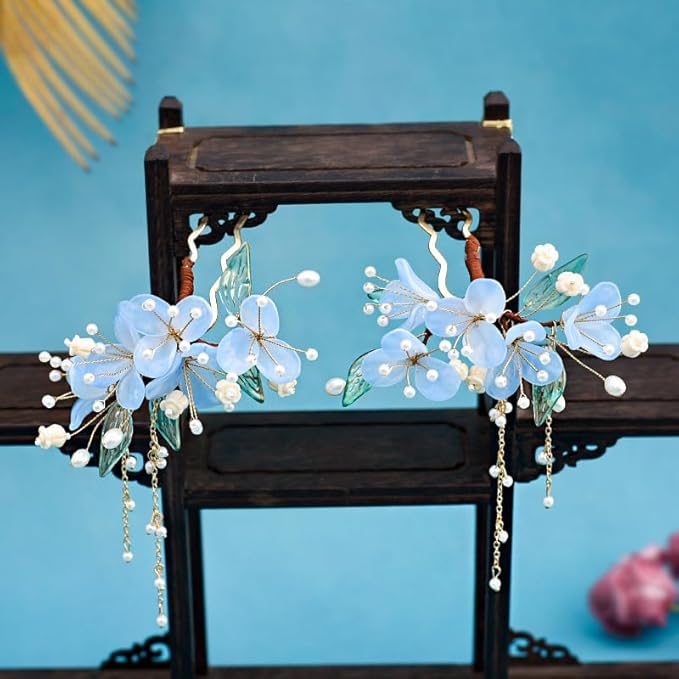 1 pcs Rabithenn Light Blue Narcissus Hairpin with Multiple Flowers and Elegant Pendant - Chinese Floral Hair Stick, Vintage Asian Hair Accessory for Women Gift (Narcissus)