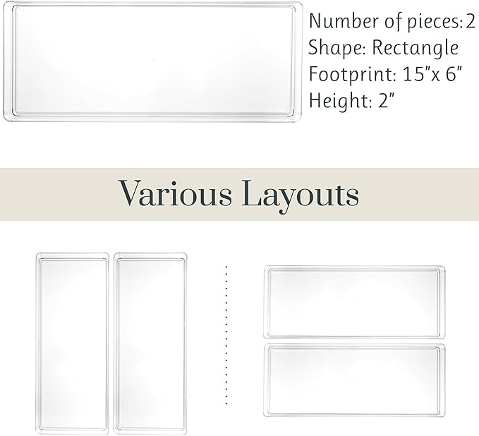 STORi SimpleSort 2-Piece Stackable Clear Drawer Organizer Set | 15" x 6" x 2" Rectangle Trays | Wide Makeup Vanity Storage Bins and Office Desk Drawer Dividers | Made in USA
