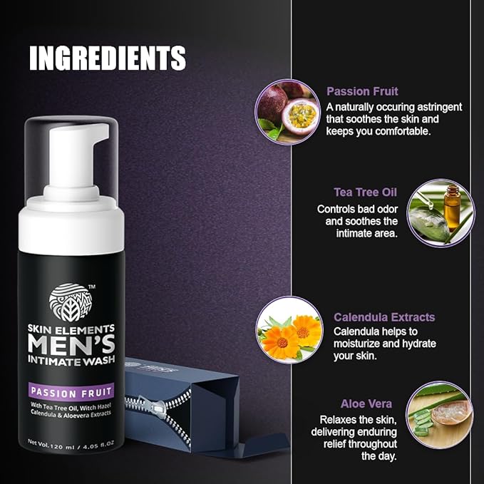 Skin Elements Intimate Wash for Men with Passion Fruit (4.05 Fl Oz) | pH Balanced Foaming Intimate Wash | Prevents Itching, Irritation & Bad Odor |