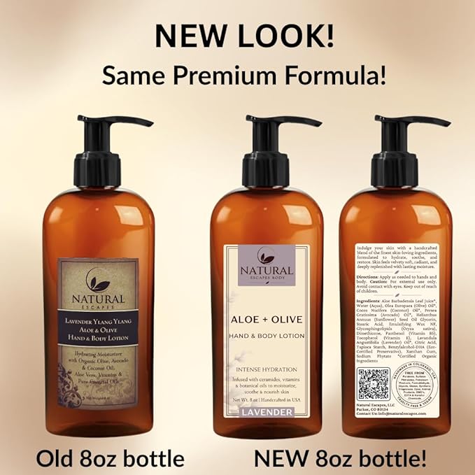 Natural Escapes Lavender Body Lotion for Dry Sensitive Skin, Eczema Relief Moisturizer with Aloe Vera, Olive Oil, Ceramides, Vitamin B5 and E, Hand and Body Cream for Women and Men, 8oz