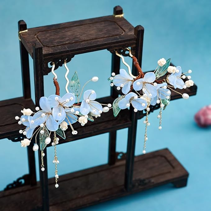 1 pcs Rabithenn Light Blue Narcissus Hairpin with Multiple Flowers and Elegant Pendant - Chinese Floral Hair Stick, Vintage Asian Hair Accessory for Women Gift (Narcissus)