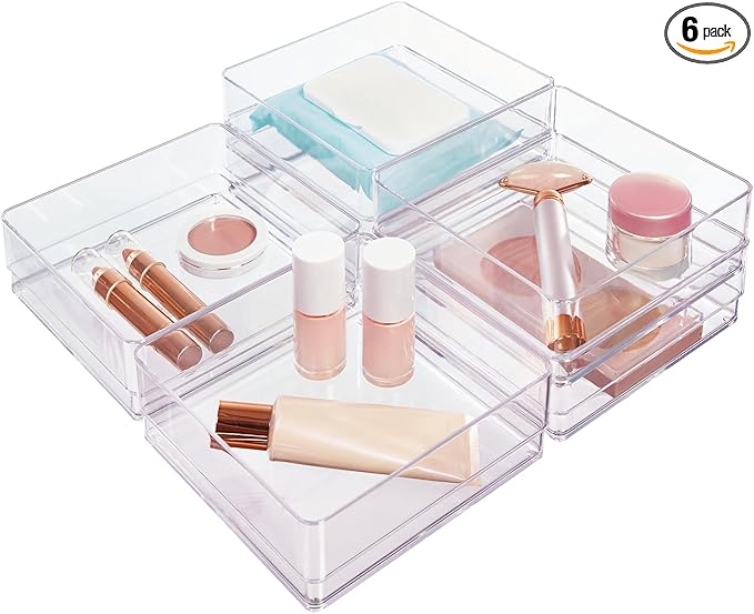 STORi SimpleSort 6-Piece Stackable Clear Drawer Organizer Set | 6" x 6" x 2" Square Trays | Small Makeup Vanity Storage Bins and Office Desk Drawer Dividers | Made in USA