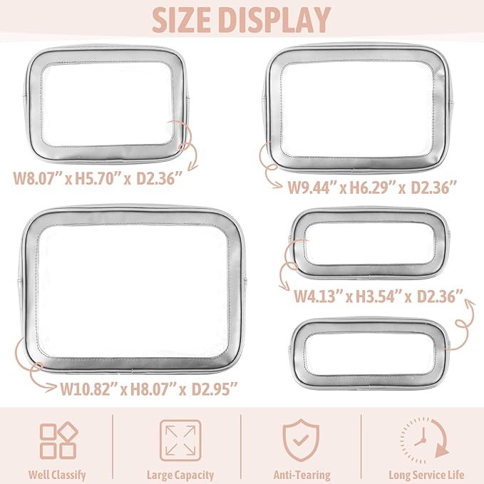 5 Pack Clear Toiletry Bag,TSA Approved Travel Makeup Pouch with Zipper for Cosmetics and Toiletries，Diaper Bag Organizer Pouch Set,Purse Organizer for Christmas Women Gift
