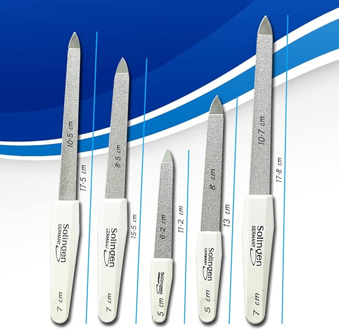 SMI 5 Pcs Solingen Germany Sapphire Metal Nail File Set + 1 Curved File - Fine and Coarse Nail Files - Double Sided Professional Manicure Pedicure Kit Best Nail File for Fingernail Toenail Care