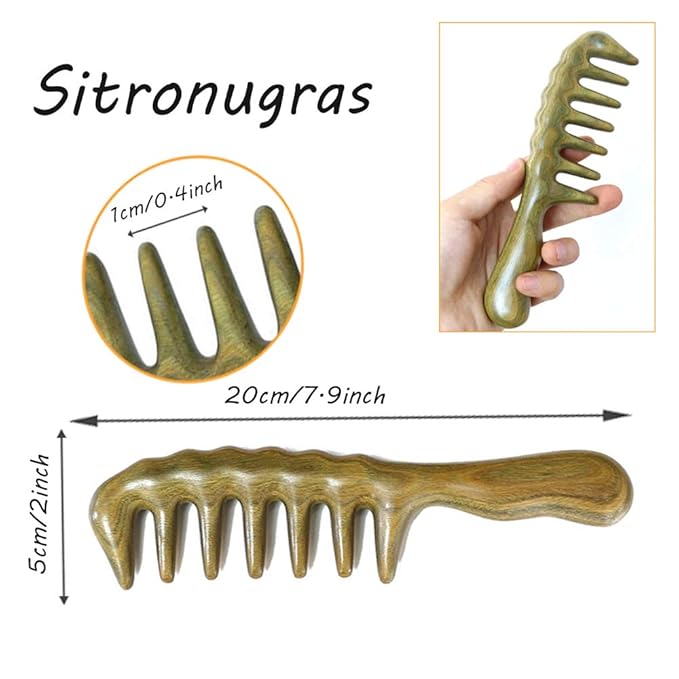 Sitronugras Wood Large Wide Tooth Hair Comb For Thick Curly Hair Head Scalp Massage No Static Green Sandalwood Hair Pick Wooden Comb for Men and Women with free storage pouch