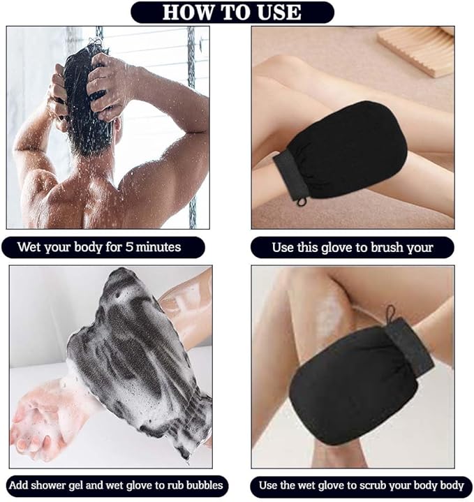 ABC Body Exfoliating Glove Polishing Mitt Body Scrubber Scrub Remover- Shower Skincare (Black) Pack of 1