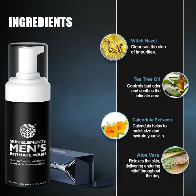Skin Elements Intimate Wash for Men | pH Balanced Foaming Wash with Tea Tree Oil & Aloe Vera | Soothes, Refreshes & Maintains Hygiene | 4.05 fl. oz. |