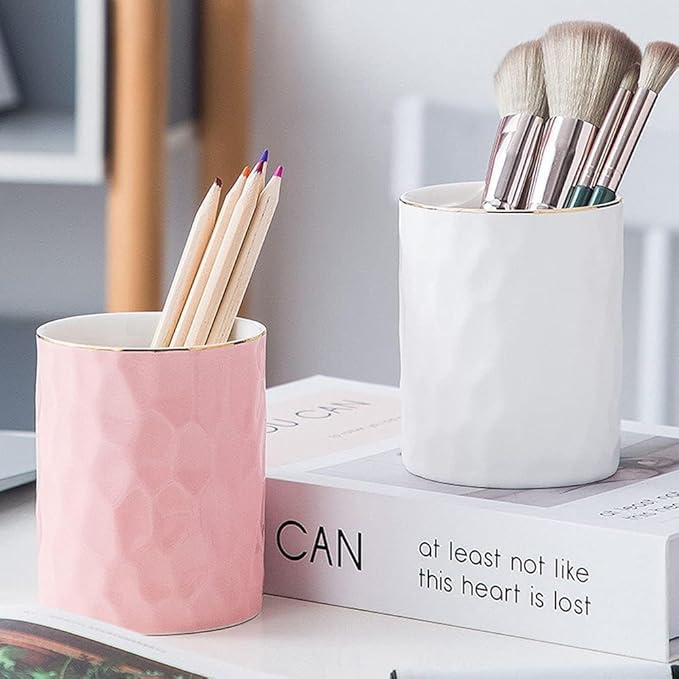HANKOR Ceramic Pen Holder Cup Pencil Holder for Desk, Makeup Brush Holder Organizer for Office Home, White