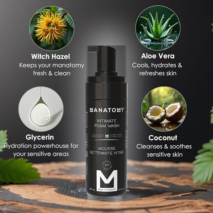 MANATOMY® Intimate Foam Wash for Men, Ball Wash, pH-Balanced Gentle Cleanser, Hydrating Aloe Vera & Witch Hazel Formula, Refreshing & Soothing Intimate Care, Signature Masculine Scent, 150ml