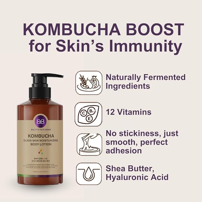 Kombucha Glass-Skin Moisturizing Body Lotion, Fermented soybeans, barley, pear juice, pomegranate,12 types of Vitamin. pH balance, K-Beauty,16.9 fl.oz.500ml,No Silicone.Mesh-like texture wraps skin.