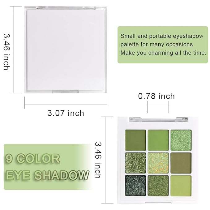 AMY'S DIARY Light Bright Green Glitter Shimmer Eye Shadow Makeup Palette 9 Colors, Emerald Dark Avocado Neon Green Highly Pigmented Matte Glitter Shimmer Pearl Waterproof for woman