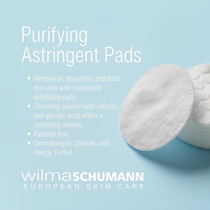 Wilma Schumann Purifying Astringent Pads for Face, Skin Exfoliating Pads with Salicylic Acid, Pack of 60