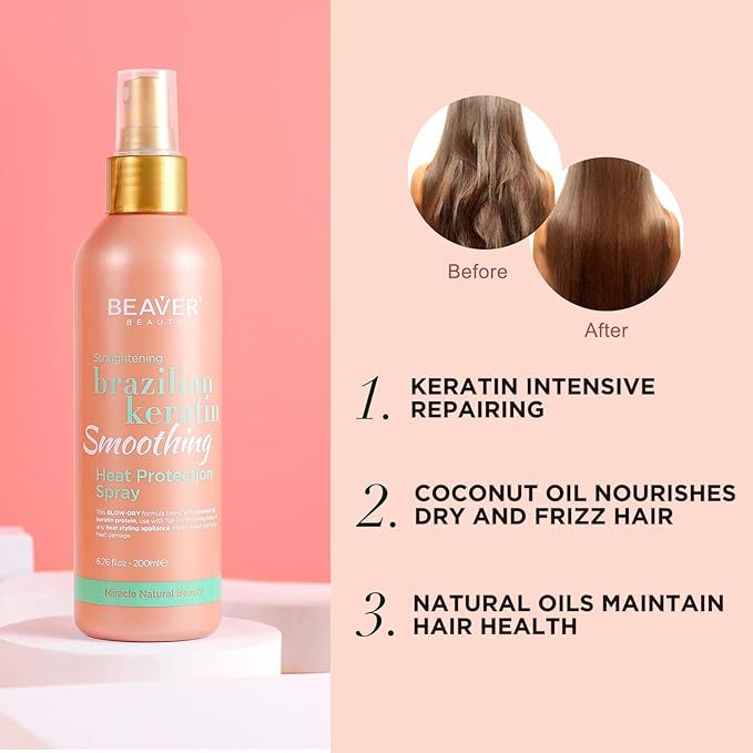 BEAVER Brazilian Keratin Heat Protection Spray, Keratin Smoothing Formula, Protects Against Heat Damage, Increases Smoothness, Shine and Softness, 6.76 fl.oz.