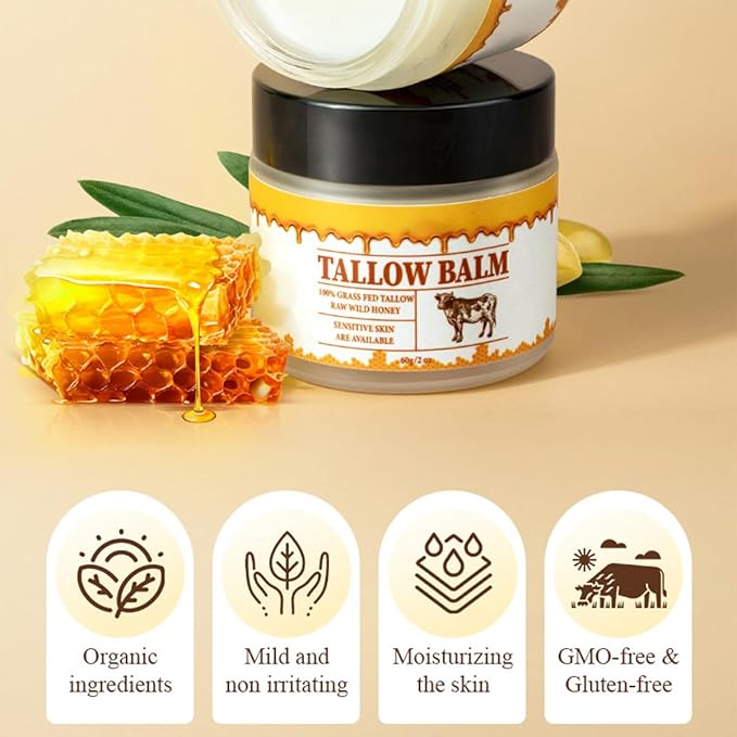 Beef Tallow and Honey Balm for Skin,2 Oz Beef Tallow Balm for Skin Hydration,Grass Fed Beef Tallow Full Body & Face Moisturizer,Tallow Honey Moisturizer,All Natural Body Moisturizing Cream