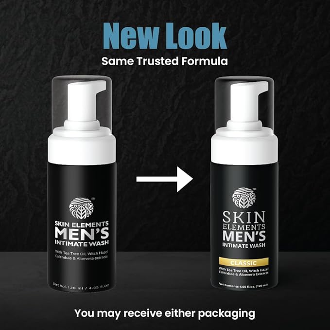 Skin Elements Intimate Wash for Men | pH Balanced Foaming Wash with Tea Tree Oil & Aloe Vera | Soothes, Refreshes & Maintains Hygiene | 4.05 fl. oz. |