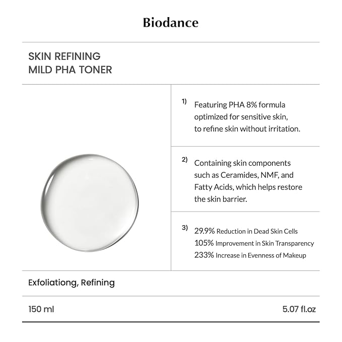 Biodance Skin Refining Mild PHA Toner, Gentle Exfoliating Face Toner for Sensitive Skin with Ceramides & NMF, Valentines Day Gifts for Her | 5.07 fl.oz,150ml