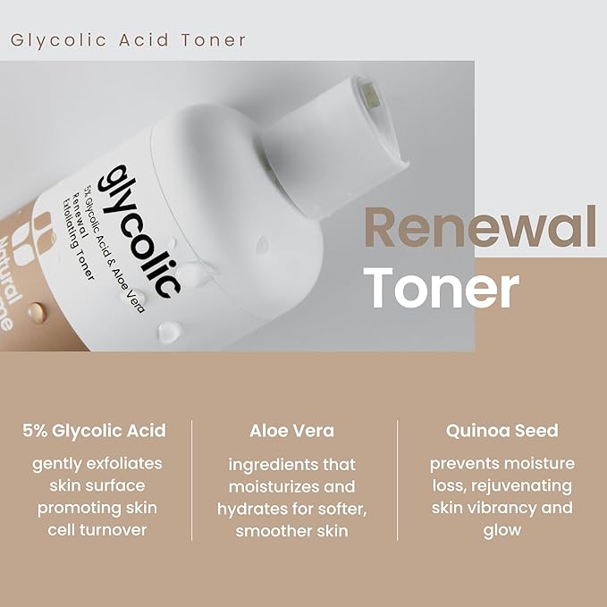 Natural Outcome Glycolic Acid Toner 5% for Face | Gentle Exfoliating Toner - with Aloe Vera & Quinoa Extract | Advance Anti-Aging Toning Solution Rejuvenates Skin & Minimizes Pore Appearance | 8 oz