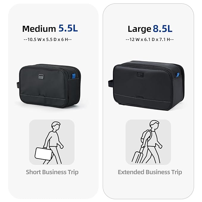 ZEEMO Travel Toiletry Bag for Men, Medium Water-Resistant Double-Sided Full-Open Dopp Kit, Versatile Organizer for Shower and Hygiene Accessories, Bathroom Essentials, Cosmetics, Large, Black