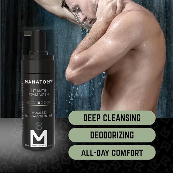 MANATOMY® Intimate Foam Wash for Men, Ball Wash, pH-Balanced Gentle Cleanser, Hydrating Aloe Vera & Witch Hazel Formula, Refreshing & Soothing Intimate Care, Signature Masculine Scent, 150ml