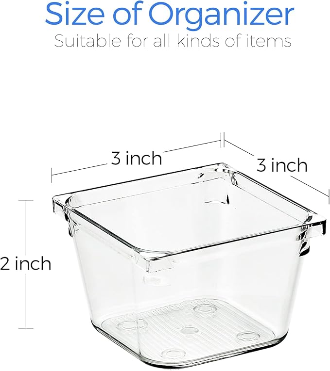 Ravinte 6 Pack Drawer Organizer - 3" X 3" Plastic Storage Bins, Acrylic Organizers with Non-Slip Pads Clear Desk Storage Tray for Makeup, Jewelries, Kitchen Utensils, Bathroom and Office