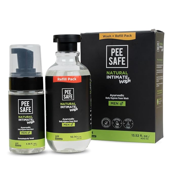 Men's Intimate Wash by PEESAFE | Natural Intimate Wash for Men with Refill (13.52 Fl.Oz) | with Tea Tree Essential Oil | Ayurvedic | pH Balanced Foam based | Ball Washer for Men