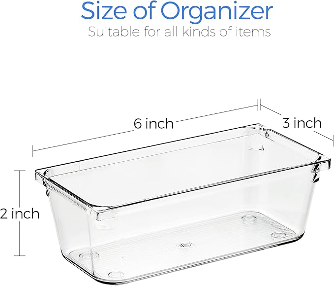 Ravinte 6 Pack Drawer Organizer - 3" X 6" Plastic Storage Bins, Acrylic Organizers with Non-Slip Pads Clear Desk Storage Tray for Makeup, Jewelries, Kitchen Utensils, Bathroom and Office