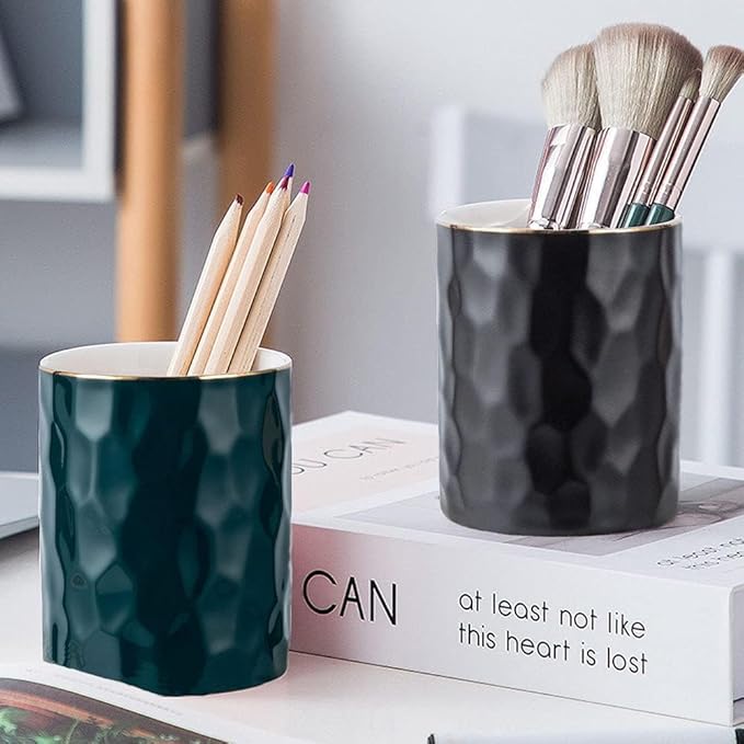 HANKOR Ceramic Pen Holder Cup Pencil Holder for Desk, Makeup Brush Holder Organizer for Office Home, Black