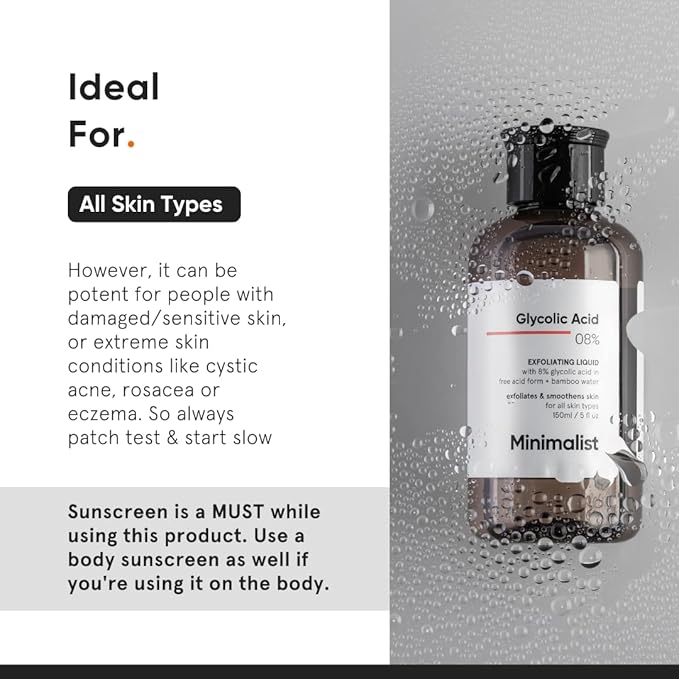 Minimalist Glycolic Acid 8% Exfoliating Toner for Glowing Skin | Multi-Functional Exfoliating Toner with Bamboo Water for Body, Face, Underarms & Scalp | for Women & Men | 5 Fl Oz / 150 ml