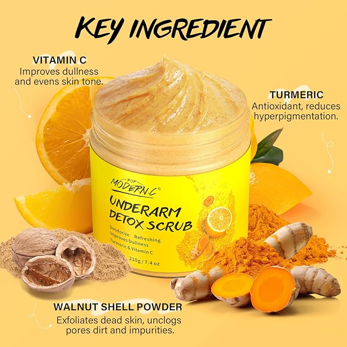 Underarm Detox Scrub with Turmeric Vitamin C Dark Spot Armpit Remover Body Deodorant Even Skin Tone Exfoliating Body Scrub for Women and Men Pigmentation Removal Exfoliator also for Whole Body