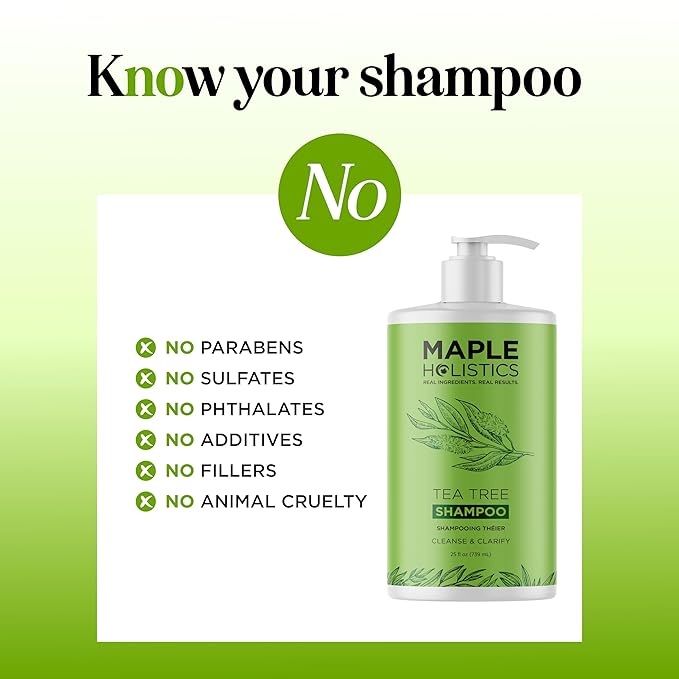 Maple Holistics Tea Tree Oil Shampoo Sulfate Free - Deep Cleansing Vegan Tea Tree Shampoo for Oily Hair and Scalp - Daily for Build up with Rosemary Essential Oil for All Hair Types 25 Fl Oz