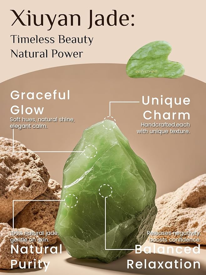 Rena Chris Gua Sha Facial Tools, Jade Guasha Tool for Acupuncture, Manual Massage Tool for Jawline Sculpting and Puffiness Reducing, Gua Sha Facial Massage Tool, Skin-Care Gift (Green)