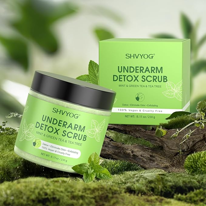 Underarm Detox Scrub, Armpit Detox Green Tea, Mint and Tea Tree Body Deodorant, Natural Dark Armpit Remover for Odors Eliminating and Exfoliating, also for Whole Body & Sensitive Skin, Unisex 8.11 Oz