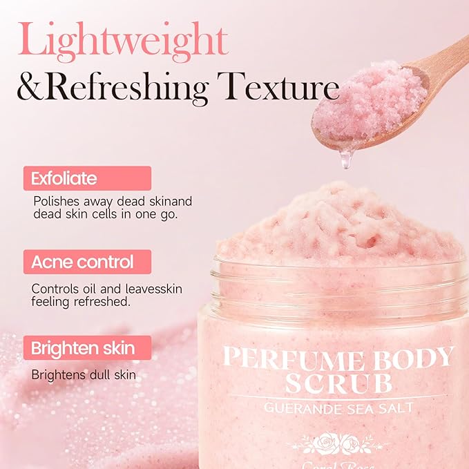 Aromatherapy Body Scrub with Guérande Sea Salt & Coral Rose - Moisturizing Salt Polish for Smooth Skin, Luxurious Bath & Spa Gift Set