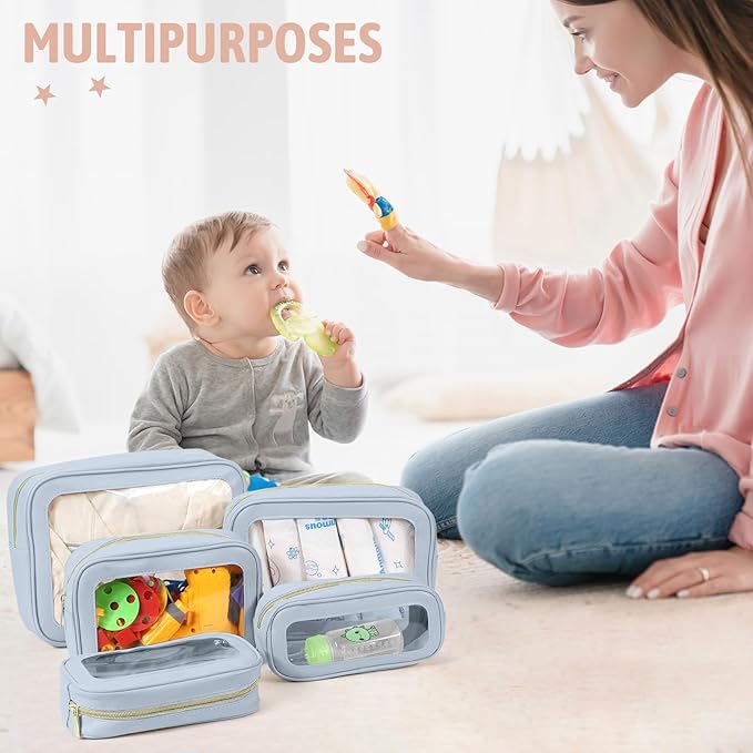 YOPCDJ 5PCS Clear Toiletry Bag,TSA Approved Travel Makeup Pouch with Zipper for Cosmetics and Toiletries，Diaper Bag Organizer Pouch Set，Women's Purse Organizer and Clear Car Bag