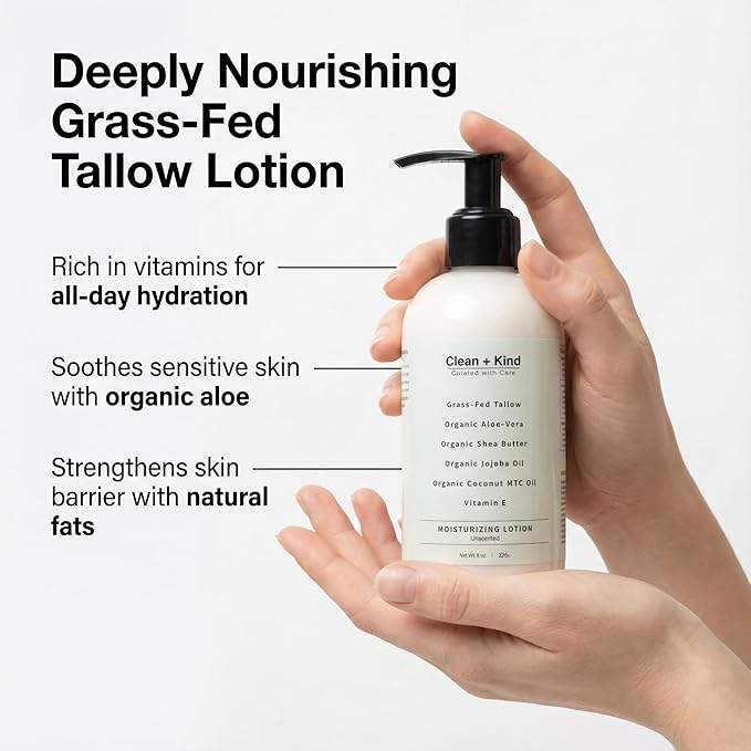 Daily Moisturizing Lotion – Tallow Body Lotion with Aloe Vera, Shea Butter, Jojoba Oil, MCT Oil & Vitamin E – Deep Hydration for Dry, Rough, Sensitive Skin (8 Fl Oz, Unscented)