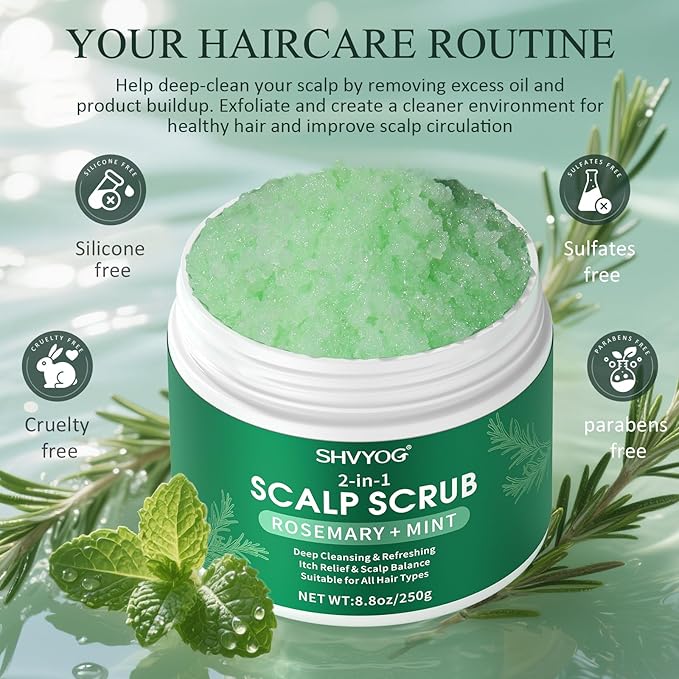 SHVYOG Scalp Scrub, Rosemary Exfoliator Scrub with Peppermint & Sea Salt, Anti-Dandruff Detox Clarifying Exfoliator Shampoo for Deep Scalp Cleanse with Scalp Massager