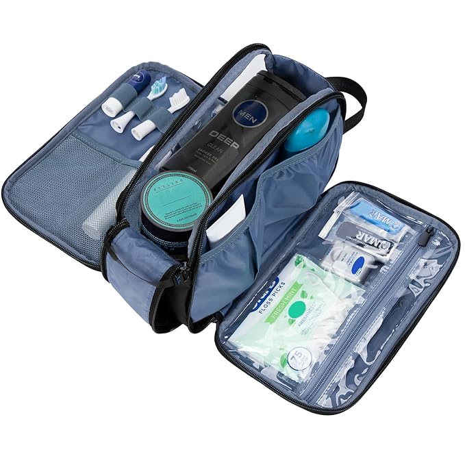 ZEEMO Travel Toiletry Bag for Men, Medium Water-Resistant Double-Sided Full-Open Dopp Kit, Versatile Organizer for Shower and Hygiene Accessories, Bathroom Essentials, Cosmetics, Black and Blue