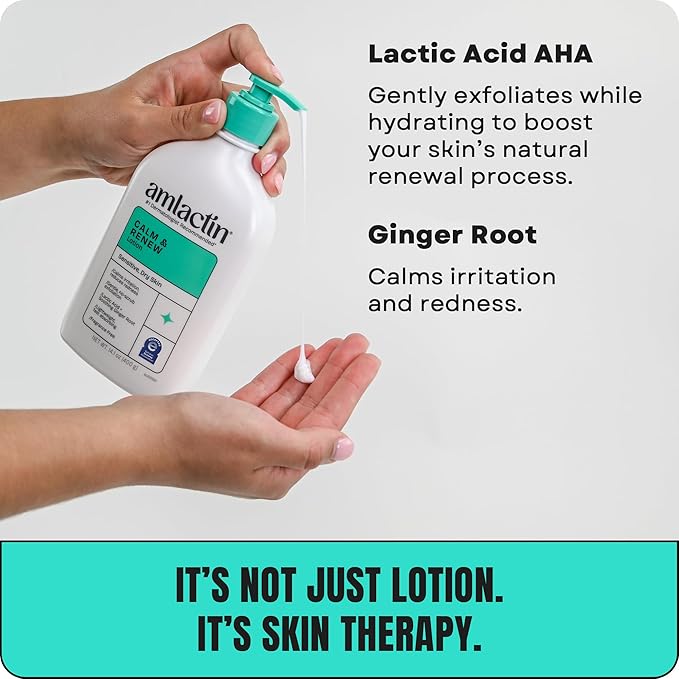 AmLactin Calm & Renew Lotion - Therapeutic Body and Face Moisturizer for Sensitive Skin - No-Scrub Exfoliator and Body Lotion for Dry Skin with Lactic Acid AHA and Soothing Ginger Root, 14.1 oz