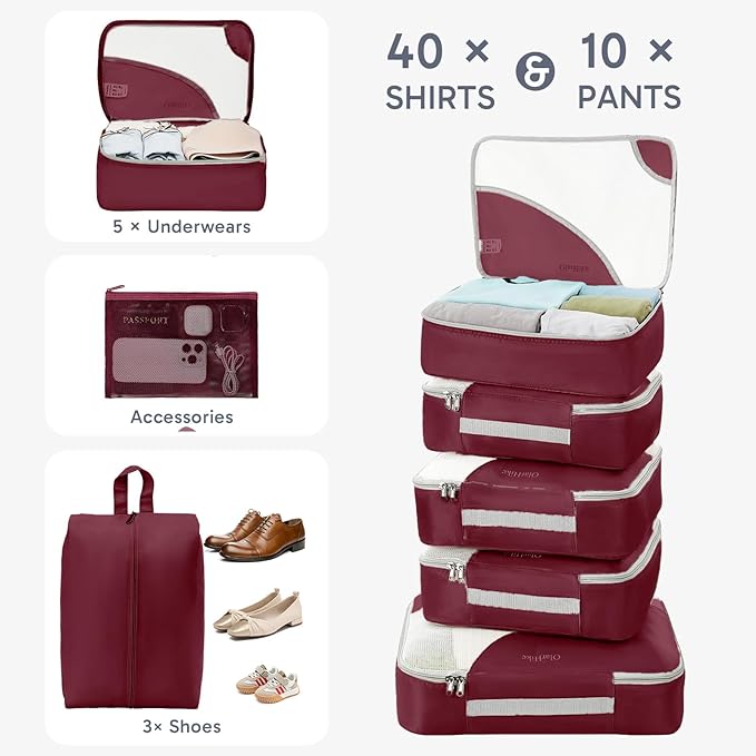 ALL INCLUDED 10 Set Durable Packing Cubes for Suitcases,OlarHike Essentials for Travel,UPGRADED Anti-Tear Stitching, NEW Improved Luggage Packing Organizers for Travel Accessories (Wine)