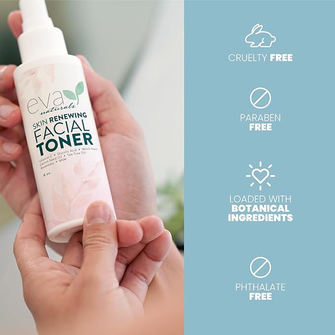 Eva Naturals Witch Hazel Face Toner – Hydrating & Clarifying Toner with Glycolic Acid, Vitamin C & Aloe for Acne, Oily, Dry & Sensitive Skin, Pore Tightening Facial Mist for Balanced Glow (4oz)