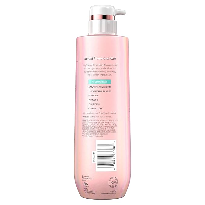 Olay Super Serum Body Wash for Sensitive Skin, 24hr Long Lasting Hydration, 5+ Ingredient Complex for Bright Even Firm Luminous Skin, 20 fl oz