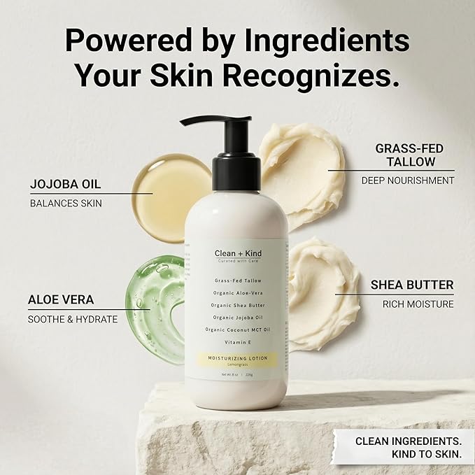 Daily Moisturizing Lotion – Tallow Body Lotion with Aloe Vera, Shea Butter, Jojoba Oil, MCT Oil & Vitamin E – Deep Hydration for Dry, Rough, Sensitive Skin (8 oz, Lemongrass)