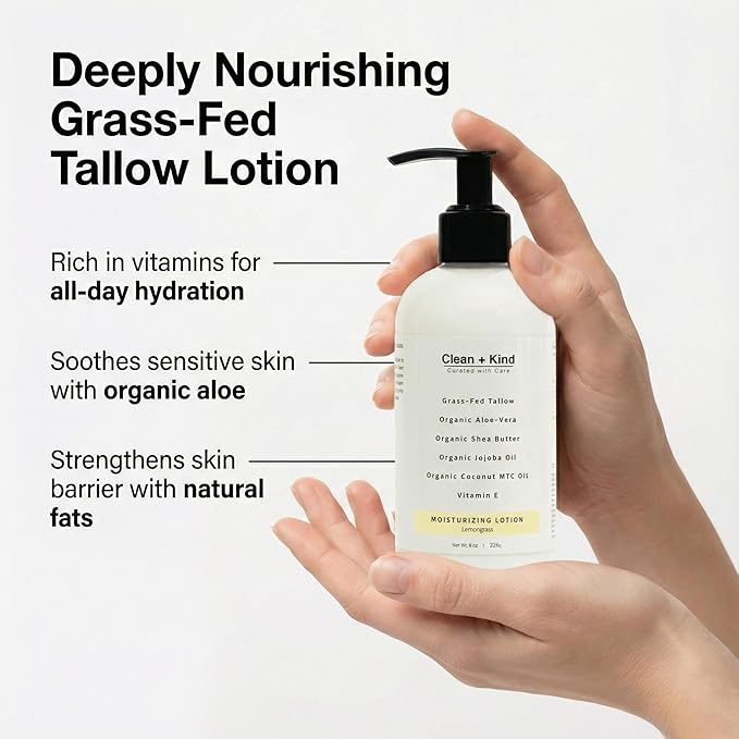 Daily Moisturizing Lotion – Tallow Body Lotion with Aloe Vera, Shea Butter, Jojoba Oil, MCT Oil & Vitamin E – Deep Hydration for Dry, Rough, Sensitive Skin (8 oz, Lemongrass)