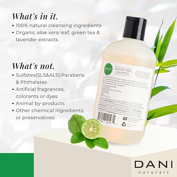 DANI Naturals Shampoo - Bamboo Bergamot is a sulfate-free, vegan, and organic shampoo that deeply hydrates and nourishes dry and curly hair, leaving it soft, smooth, and manageable.