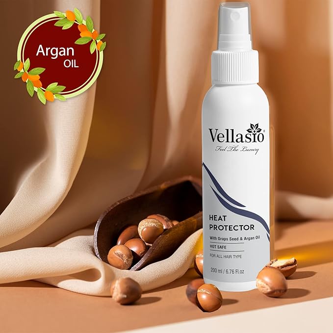 VELLASIO Heat Protection Spray: Argan & Grapeseed Oil, Sulfate-Free, Paraben-Free. Protects Hair Up to 230°C, Vegan, Straightening, Smoothing, Shine for All Hair Types