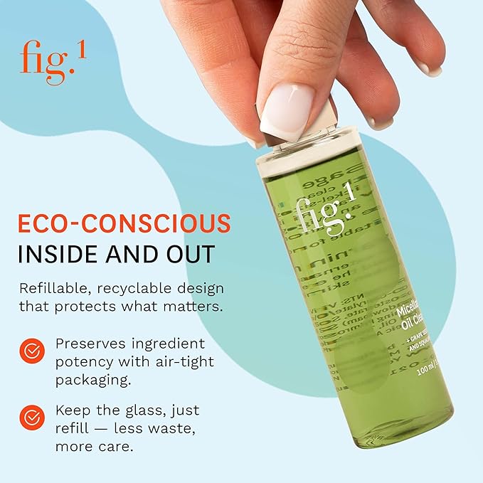 Fig.1 Micellar Oil Cleanser Refill for Face - Makeup Remover Cleansing oil, Facial Cleanser - Squalane & Grapeseed Oil Formula, Cleanse without Clogging Pores, Acne-Prone Facial Skincare, 3.4 Fl/Oz